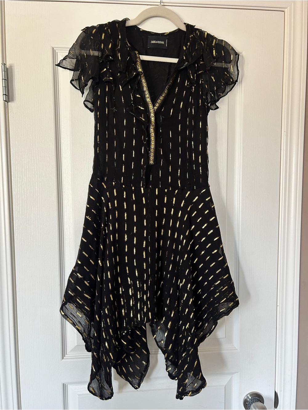 Zadig & Voltaire Black Dress with Gold Accents and Ruffled Sleeves silk